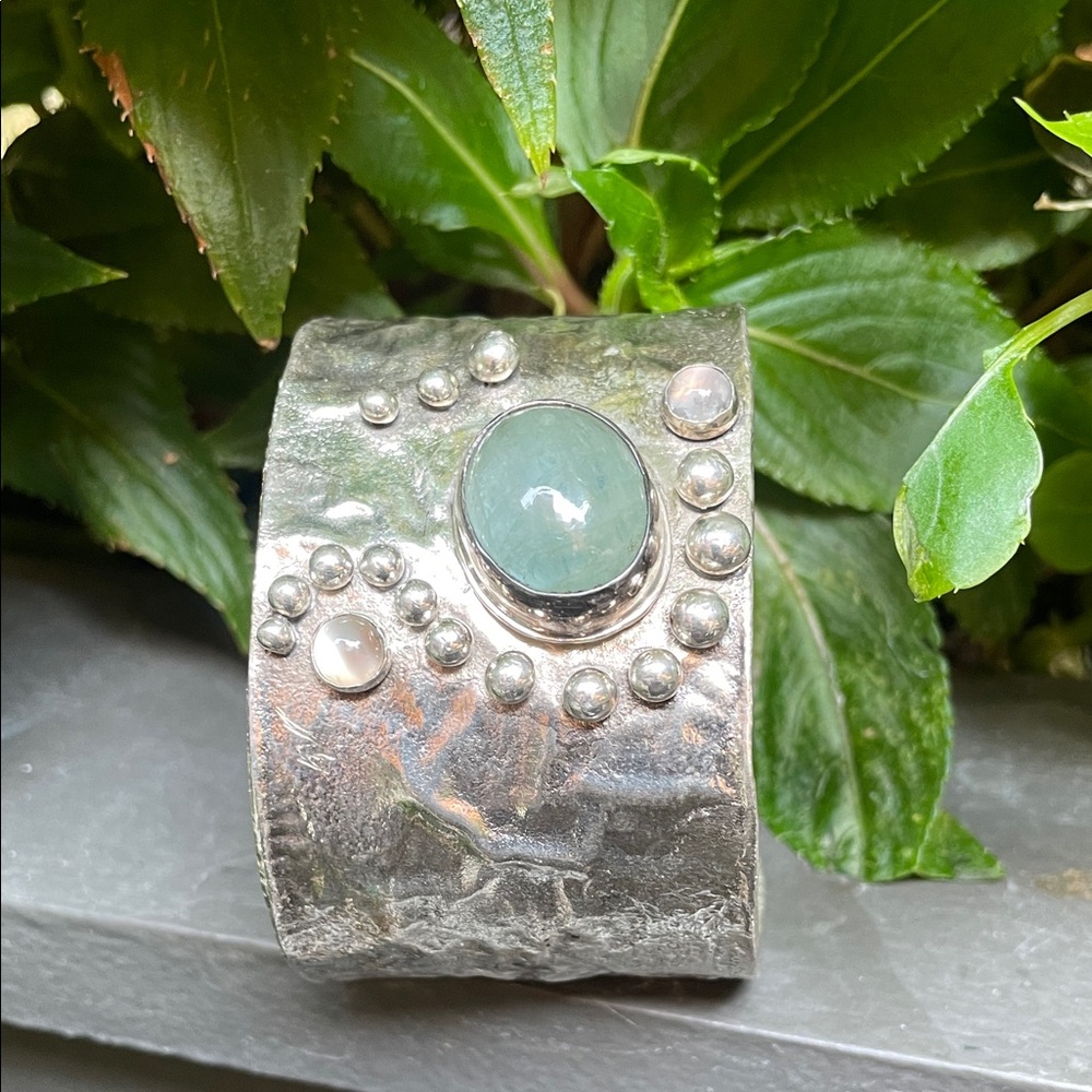 Silver and Green Gemstone Cuff Bracelet